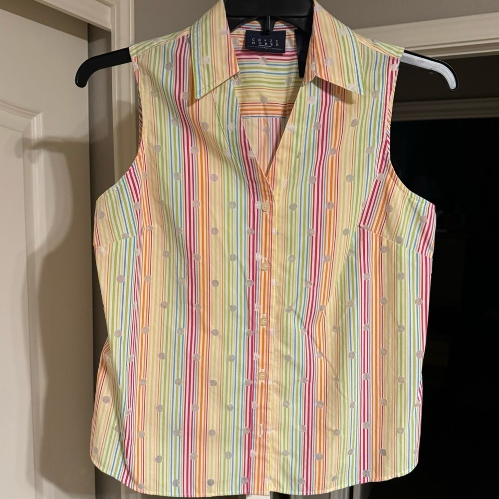 Crazy Horse Liz Claiborne Polka Dot Stripe Button Down Sleeveless Tank Blouse